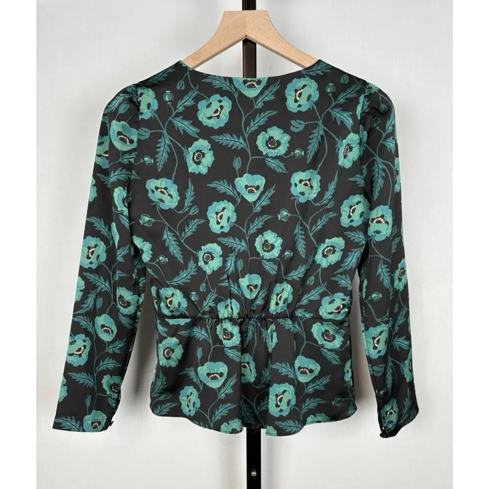 J. Crew Satin Back Crepe Button-front Blouse 0 Black Green Floral V-Neck NWT - Picture 8 of 12